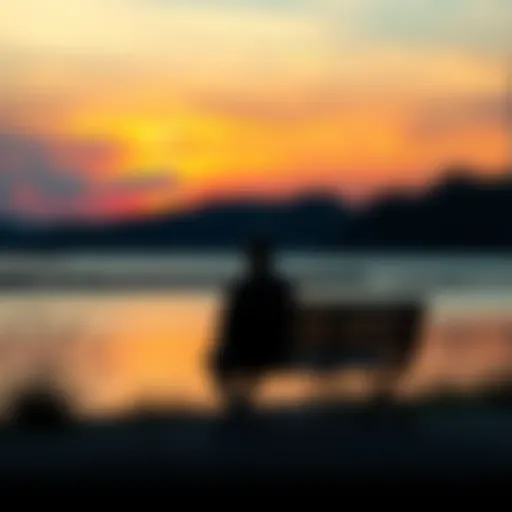 A person sitting on a bench at sunset, contemplating their thoughts and emotions from the past day.