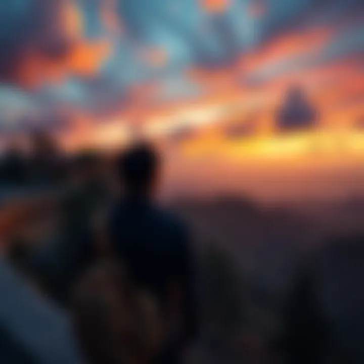 A person looking out over a scenic landscape, contemplating life and time