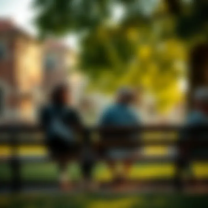 Reflective Journey with Emily A serene scene depicting two friends sitting on a park bench, sharing memories and laughter under a tree, symbolizing growth and connection.