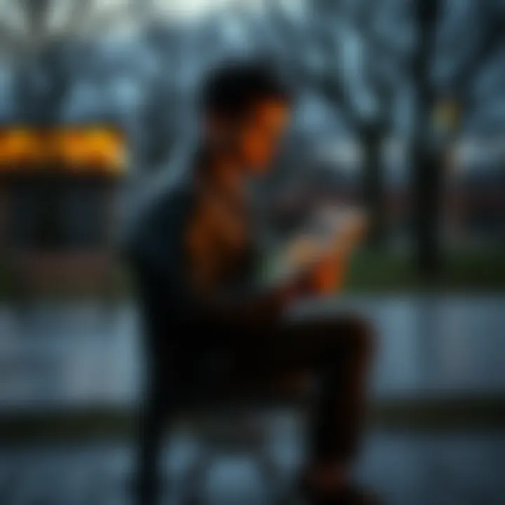 A person sitting on a bench, looking at old photographs that evoke memories of the past, with a thoughtful expression.