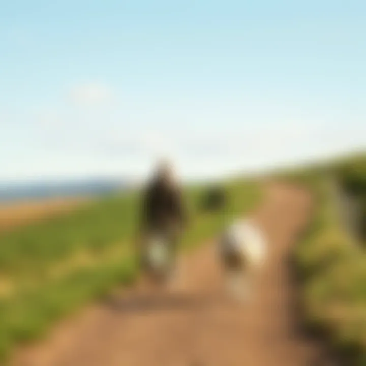 A person walking on a path with a sheep beside them, under a clear sky