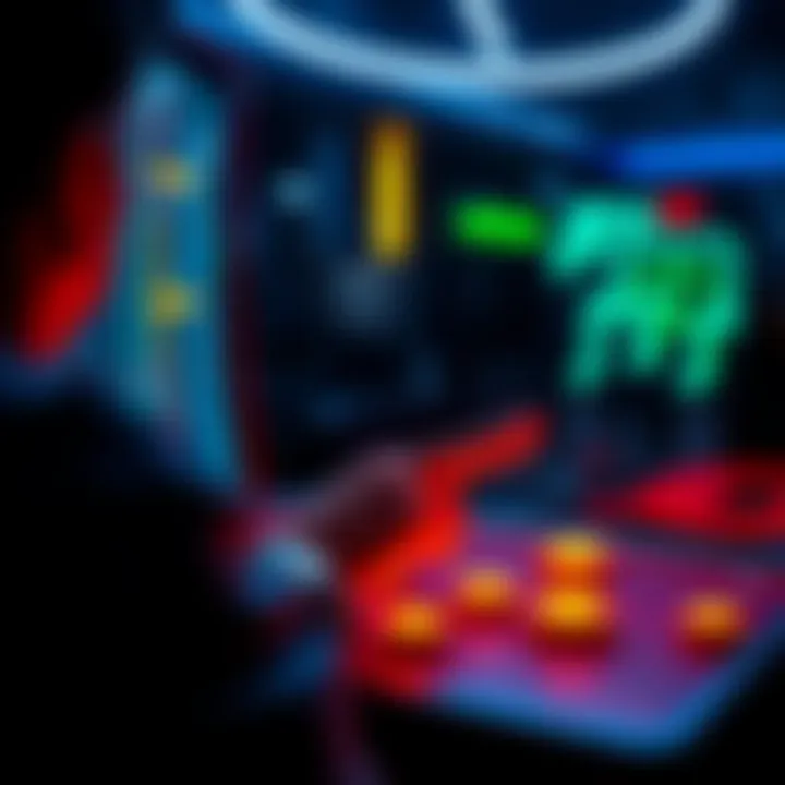 A person testing their reflexes using a hand-eye coordination game with a bright screen and buttons.