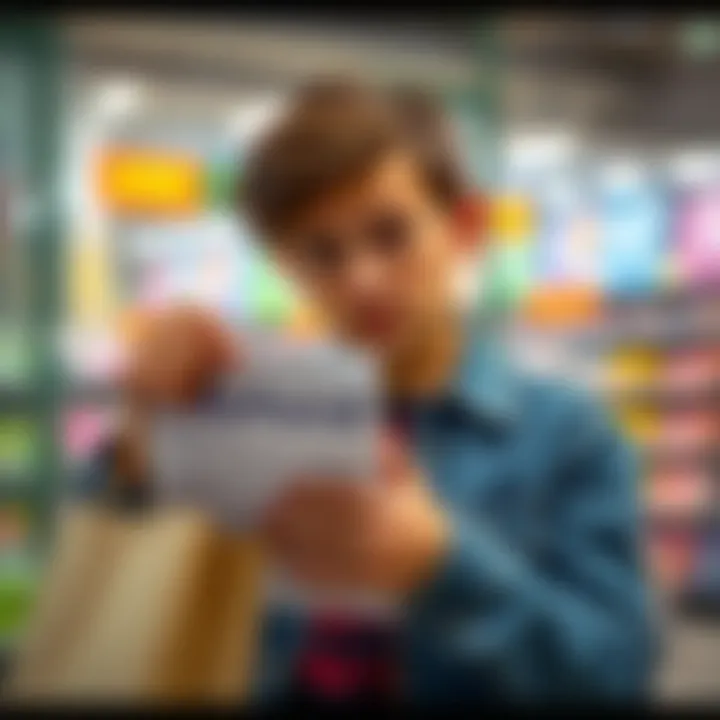 A person looking confused at a refund form while holding a shopping bag, signifying a question about refund policies