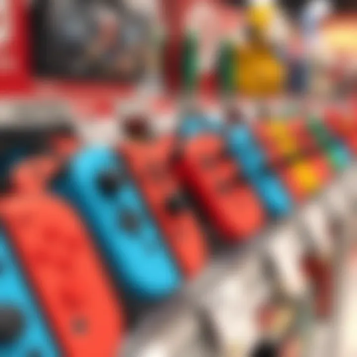 A close-up of refurbished Joy-Cons in various colors for Nintendo Switch, arranged neatly on a store shelf with price tags, showcasing affordable gaming options.