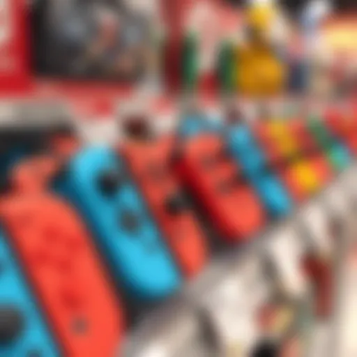 Refurbished Joy-Cons on display A close-up of refurbished Joy-Cons in various colors for Nintendo Switch, arranged neatly on a store shelf with price tags, showcasing affordable gaming options.