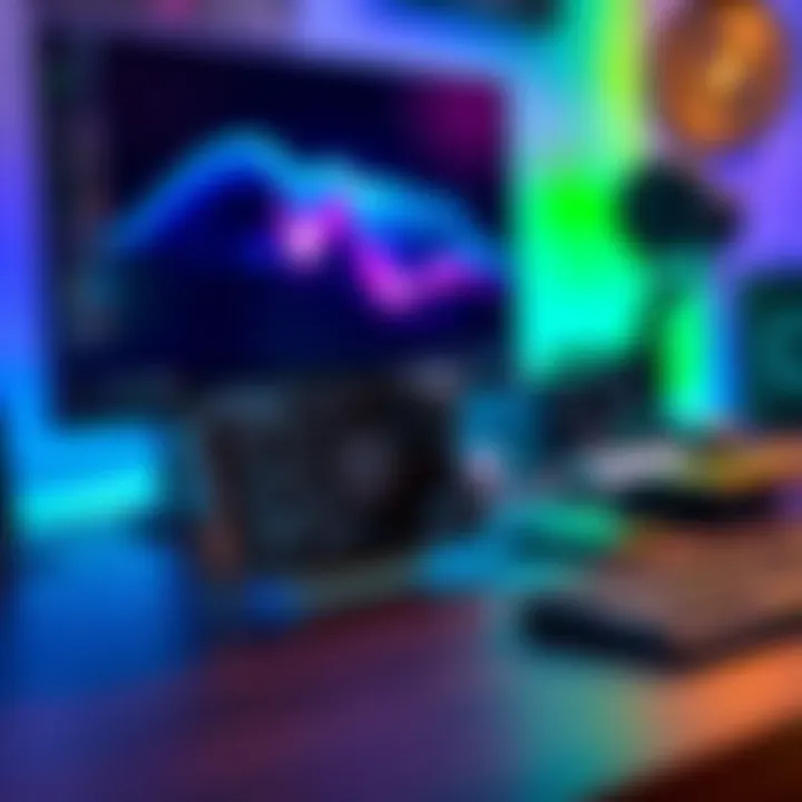 A refurbished RTX 5080 graphics card displayed on a desk next to a gaming monitor and keyboard, showcasing its sleek design