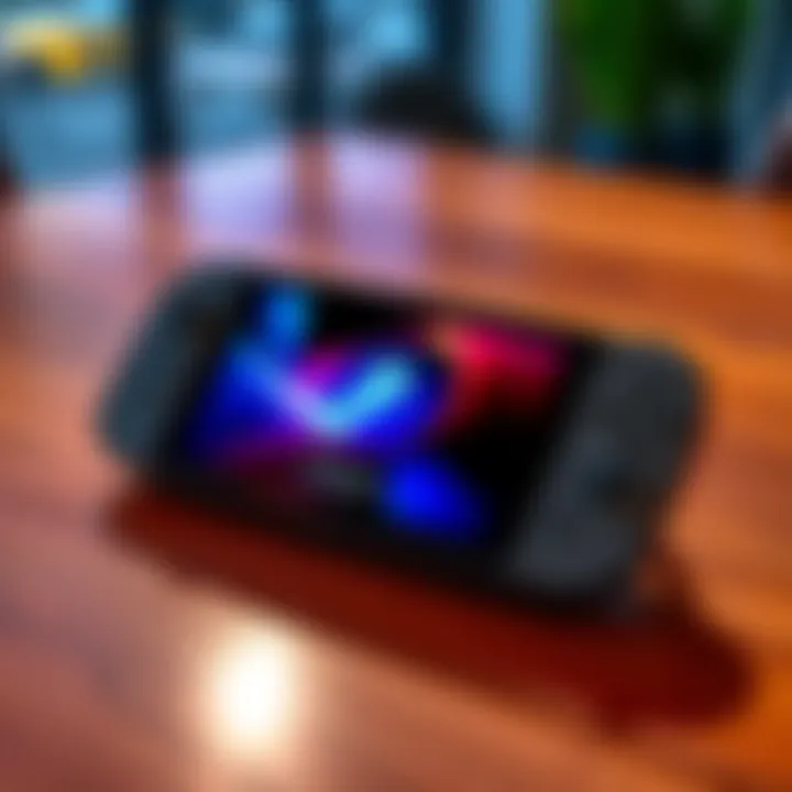 A refurbished OLED Steam Deck handheld gaming device with a vibrant screen and sleek design, placed on a wooden table