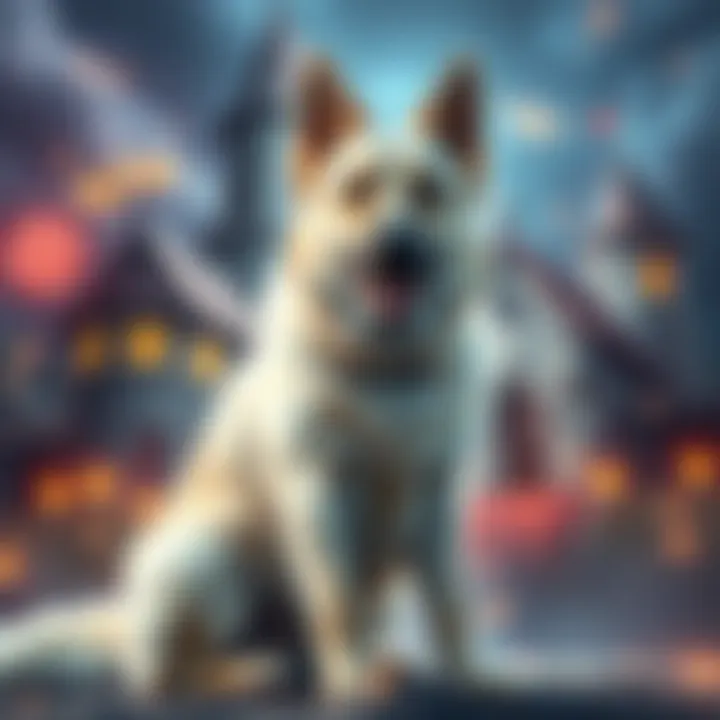 A white German shepherd sitting proudly, embodying nobility with a backdrop of fantasy elements like a castle and magical symbols, representing DnD themes.
