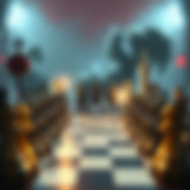 A strategic game scene showing a chessboard with military-themed pieces engaged in battle, highlighting unique gameplay mechanics