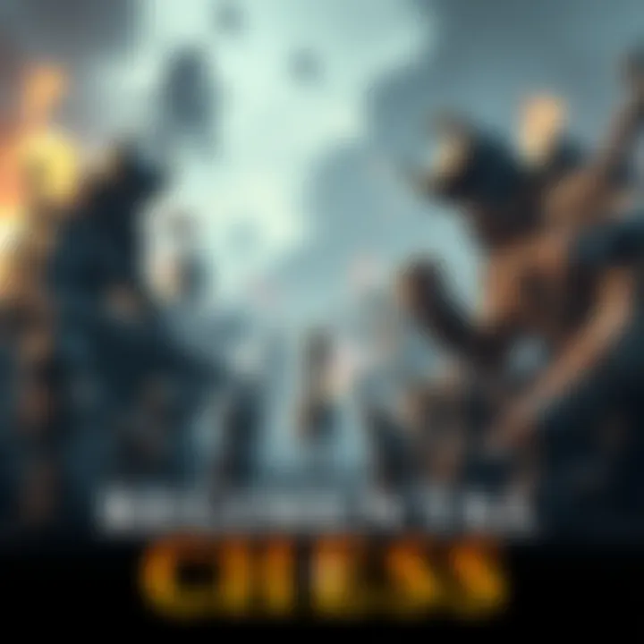 Players engaged in a strategic chess match with dynamic pieces on a battlefield setting.