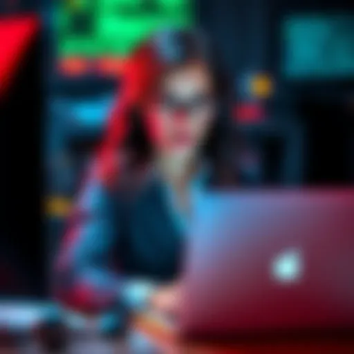 Regina in front of a computer Regina working on a laptop, analyzing cyber threats in a digital environment