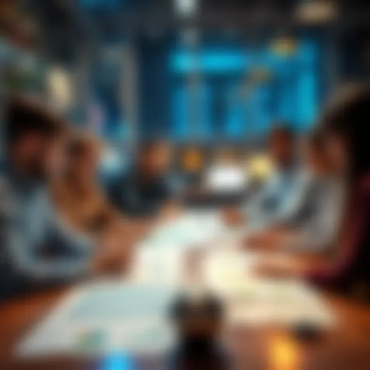 A diverse group of people discussing regional connection data with maps and charts on the table.