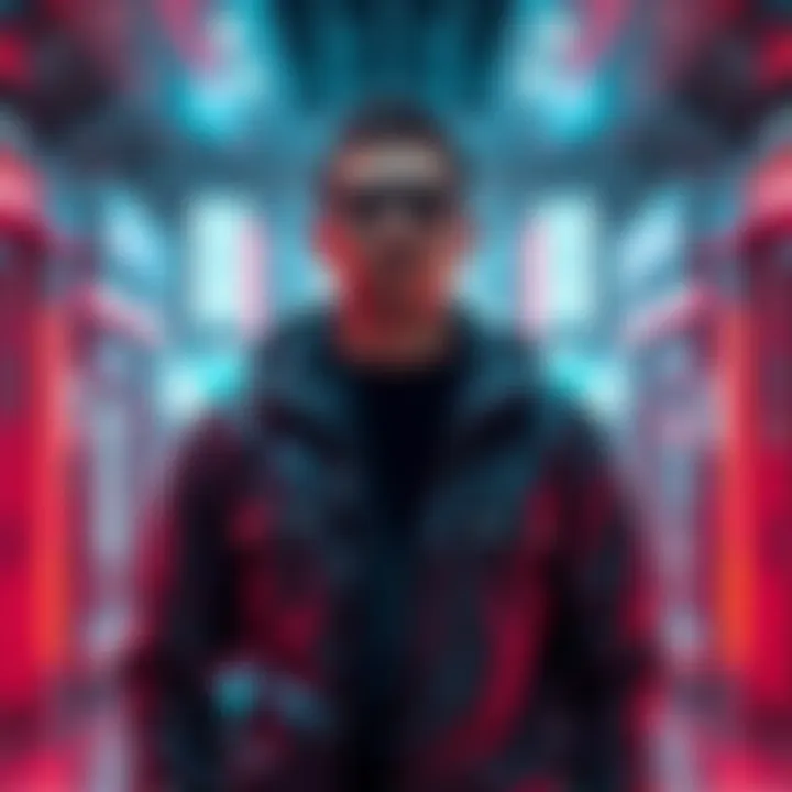 A person in a futuristic setting without cyberware, representing regular humans in a high-tech environment