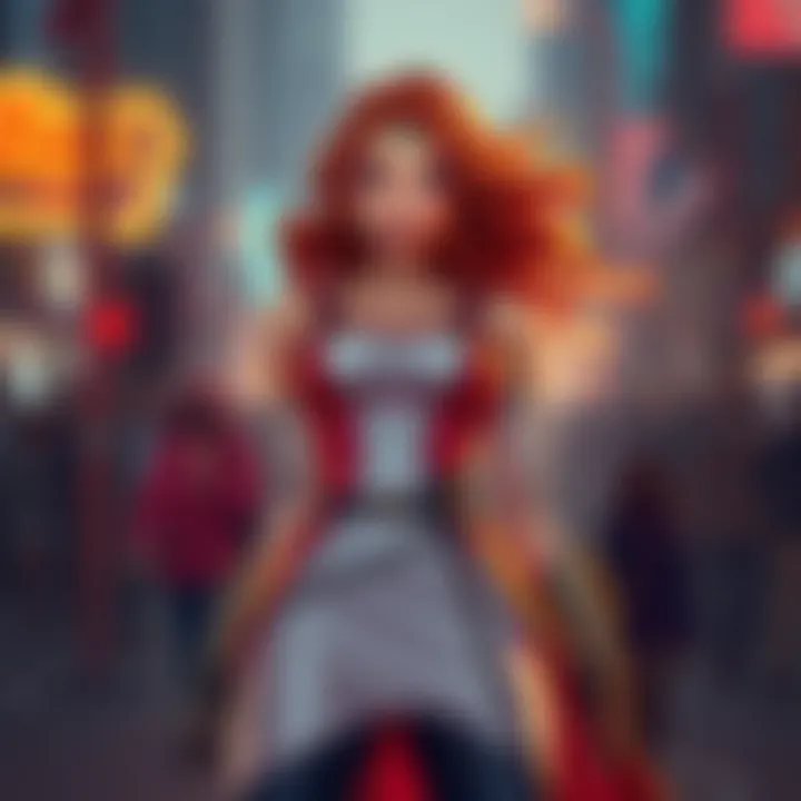 A female version of an iconic male character stands confidently, showcasing a blend of strength and style, with vibrant colors and dynamic pose.