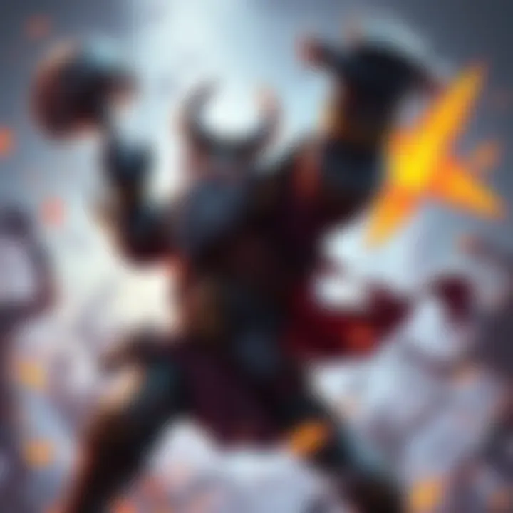 A strong warrior named Rein swings a large hammer, surrounded by glowing energy as he fights in a 5v5 match, showcasing strength and determination.