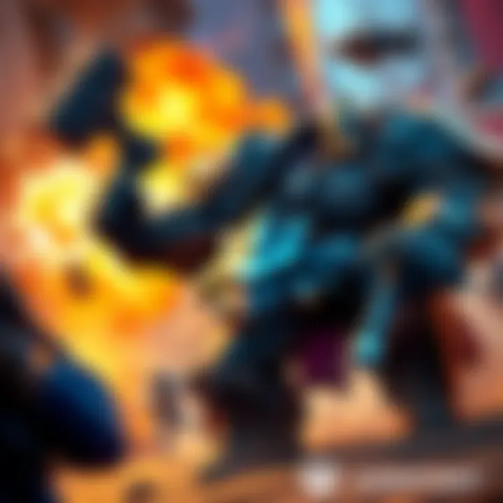 A fierce tank character, Reinhardt, swinging his massive hammer in a vibrant gaming environment, showcasing his powerful presence and dynamic gameplay.