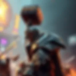 A character resembling Reinhardt, a knight in heavy armor, lifts a large hammer, ready for battle, surrounded by vibrant game-themed graphics.