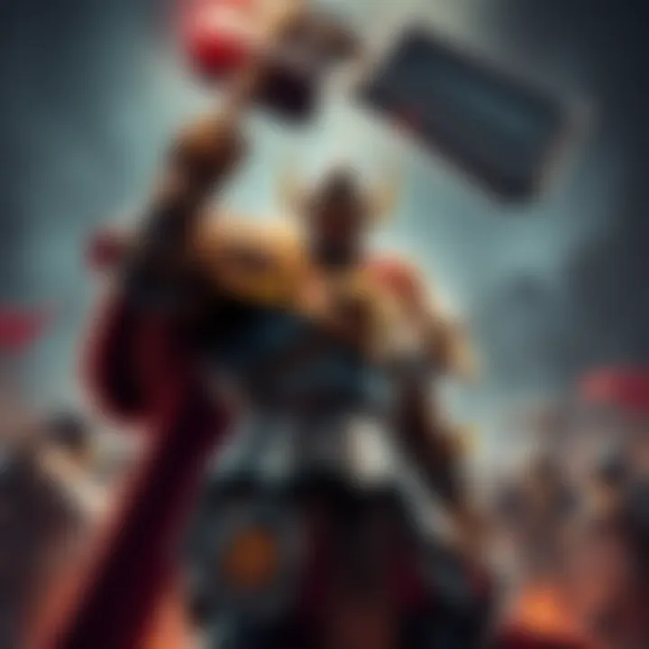 Reinhardt in Battle Reinhardt stands strong in armor, ready for battle with a large hammer raised high, showcasing his strength and tactical stance.