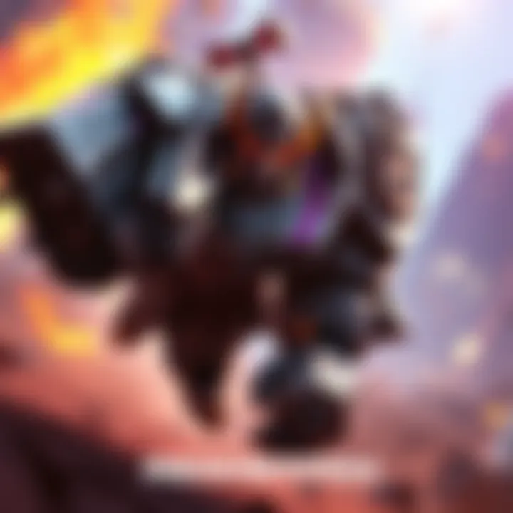 Reinhardt Charging Forward Reinhardt, a large armored character, charges forward with his hammer ready in a vibrant Overwatch setting.