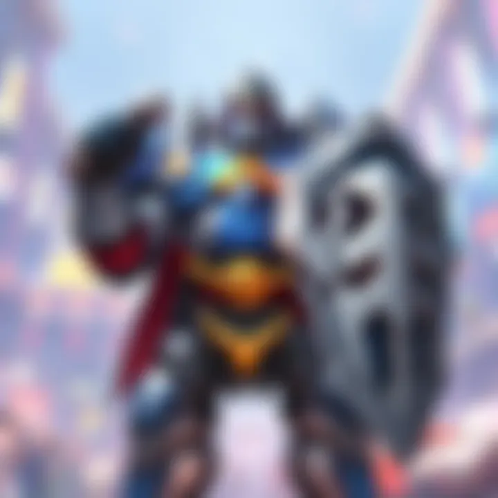 A digital illustration of Reinhardt, the armored knight character in Overwatch, standing confidently with his shield raised. He is wearing blue and silver armor, showcasing his powerful physique and the iconic hammer held at his side. The background features a vibrant gaming scene to reflect the community's enthusiasm for the character.