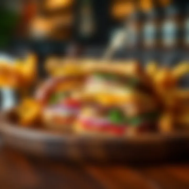 A delicious Reinhardt Sandwich with layers of ingredients including meats, vegetables, and sauces, served on a wooden plate with a side of fries