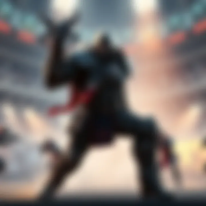 A powerful character in a melee stance dominating a virtual stadium, with frustrated players in the background strategizing their next moves.