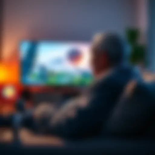 An adult man in his 50s enjoying a relaxing exploration game on a cozy sofa, surrounded by serene game landscapes on the screen.