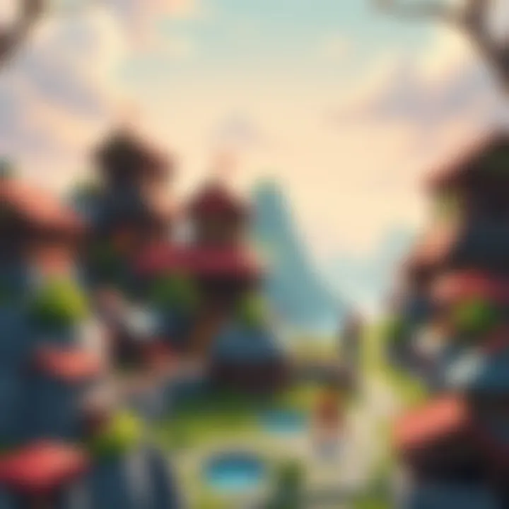 A serene scene of a base building game showing colorful structures and a peaceful environment with no threats, inviting players to enjoy and create at their own pace.