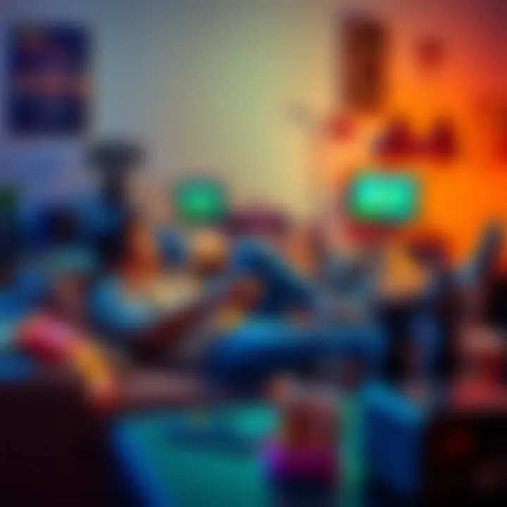 A person lounging on a couch, playing a video game with a controller, surrounded by snacks and a colorful gaming setup, perfect for casual play while listening to music