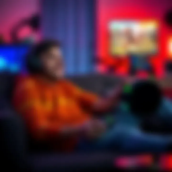 A gamer sitting comfortably on a couch, smiling while playing a video game without looking at the clock