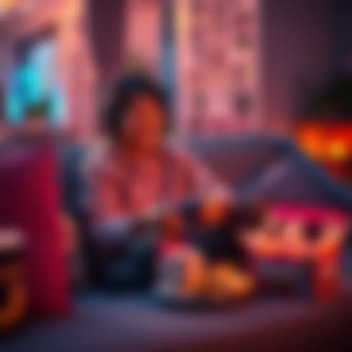 A person sitting on a couch, playing a video game with a big smile, surrounded by snacks and a cozy atmosphere