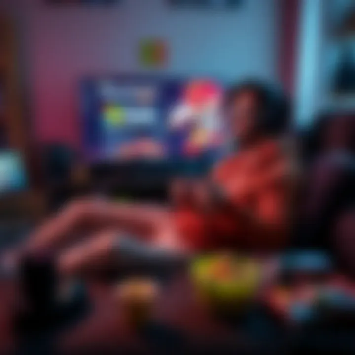 A gamer sitting comfortably with a controller, smiling while looking at their screen displaying Microsoft Rewards, surrounded by gaming gear and snacks.