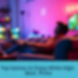 A person lounging on a couch, enjoying video games with a colorful ambient light in the background, showcasing a fun gaming atmosphere.