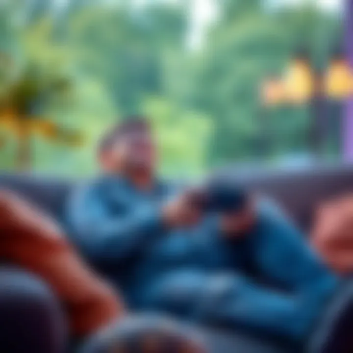 A gamer sitting on a couch, looking relaxed while holding a game controller and smiling, with a calming background of nature