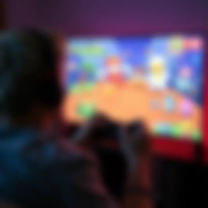 A person enjoying a colorful video game on a screen, with fun characters and light gameplay