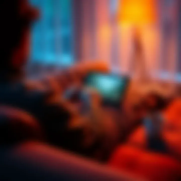 A cozy scene of a person playing a casual game on a tablet while sitting on a comfortable sofa with a cup of tea beside them.