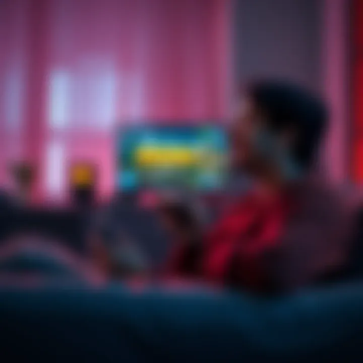 A person comfortably playing a video game on a couch, focusing on a screen that shows a game ending, with a satisfied smile on their face.