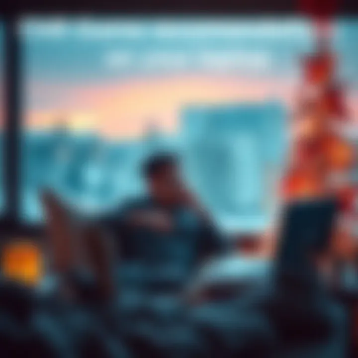A person sitting comfortably with a laptop, playing a casual game while enjoying a peaceful holiday setting
