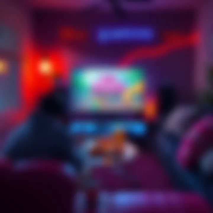 A cozy gaming setup with a person playing Sky End Market on a TV, surrounded by snacks and drinks, creating a fun and relaxed atmosphere.