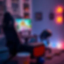 A cozy gaming setup with a comfy chair, a computer screen showing colorful game graphics, and snacks nearby.
