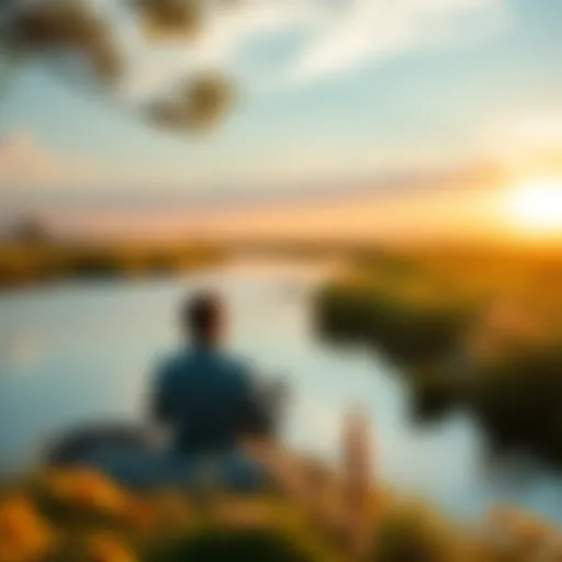 Relaxed Lifestyle A person sitting by a calm river, enjoying nature, representing a relaxed and adaptable mindset.