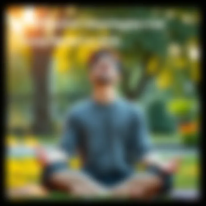 A person sitting peacefully in a park, practicing mindfulness meditation with eyes closed and a serene expression.