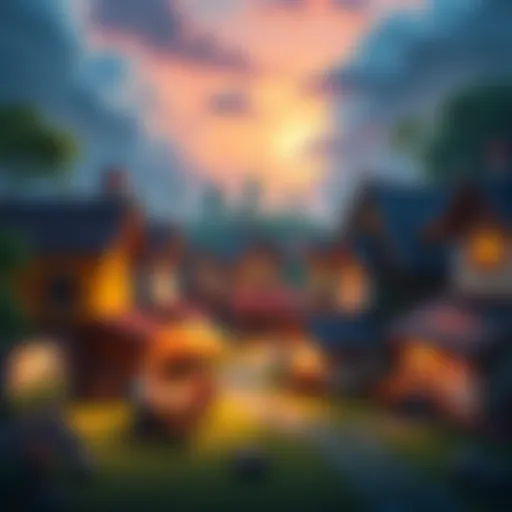 Relaxed Town Life Games A cozy village scene filled with colorful houses, villagers interacting, and light activities happening, reflecting a calm gaming atmosphere.