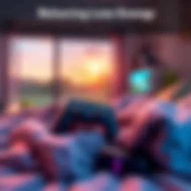 A cozy gaming setup with a soft blanket, a controller, and a peaceful scene in the background, perfect for unwinding with low energy games.