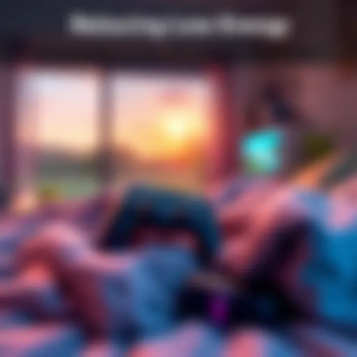 A cozy gaming setup with a soft blanket, a controller, and a peaceful scene in the background, perfect for unwinding with low energy games.