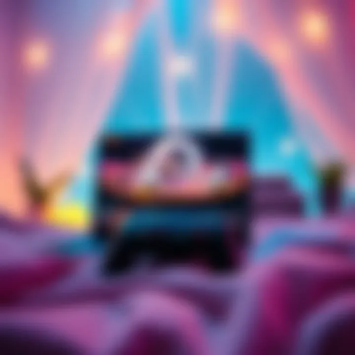 A cozy gaming setup with a PS5 console and a controller surrounded by soft lights and soothing visuals of a serene game environment