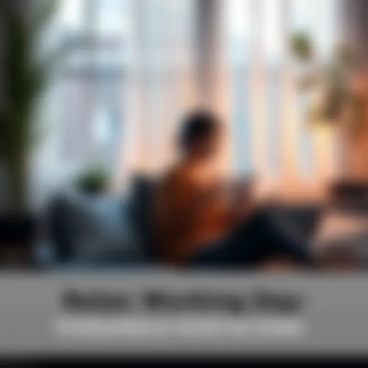 A person sitting on a comfortable couch, sipping tea and reading a book in a cozy living room, surrounded by soft lighting and plants.