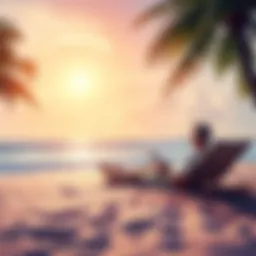 A person lounging on the beach with a book, surrounded by palm trees and calm waves, enjoying a peaceful day
