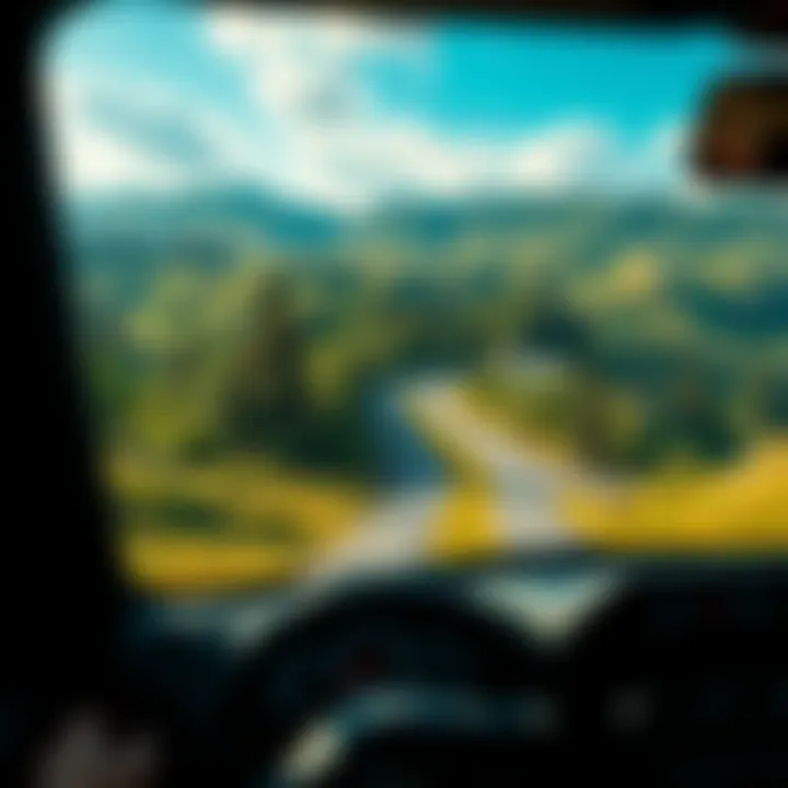 A scenic view of a driving simulator showing a car on a winding road through a lush green landscape