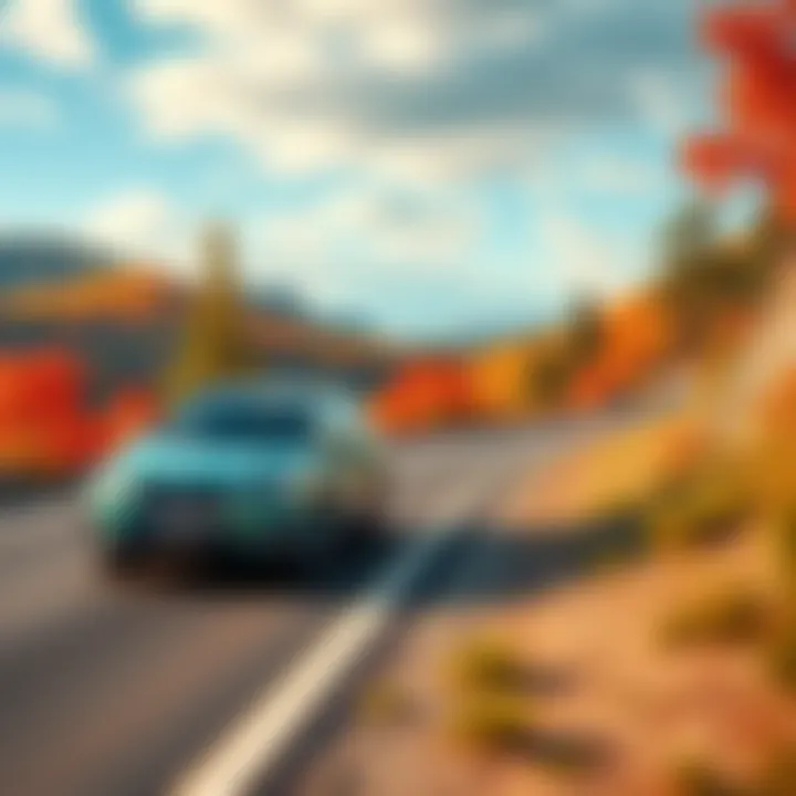 Relaxing driving and walking game scenery A calm driving scene with a car on a scenic road surrounded by beautiful nature, alongside a walking path with a person enjoying the view.